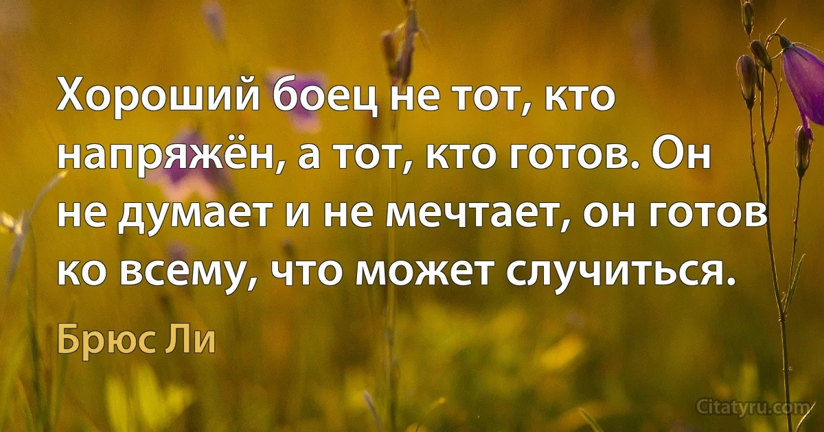 Хороший боец не тот, кто напряжён, а тот, кто готов. Он не думает и не мечтает, он готов ко всему, что может случиться. (Брюс Ли)