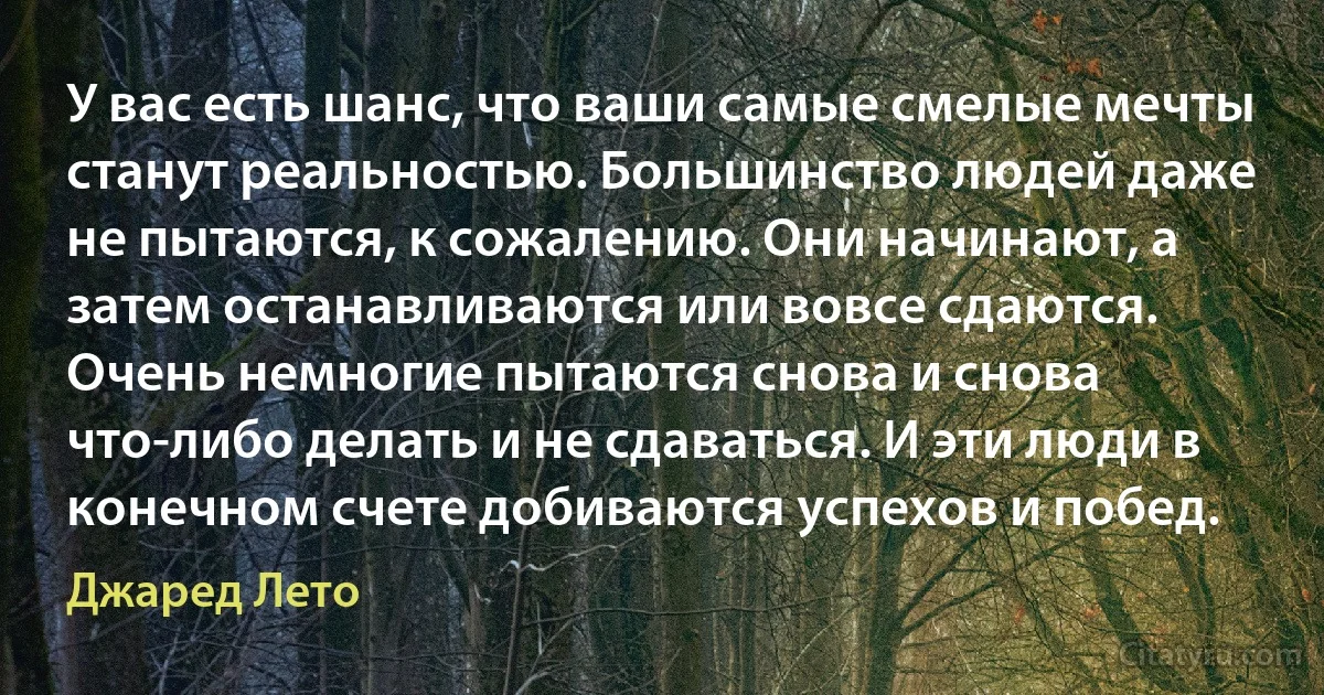 У вас есть шанс, что ваши самые смелые мечты станут реальностью. Большинство людей даже не пытаются, к сожалению. Они начинают, а затем останавливаются или вовсе сдаются. Очень немногие пытаются снова и снова что-либо делать и не сдаваться. И эти люди в конечном счете добиваются успехов и побед. (Джаред Лето)