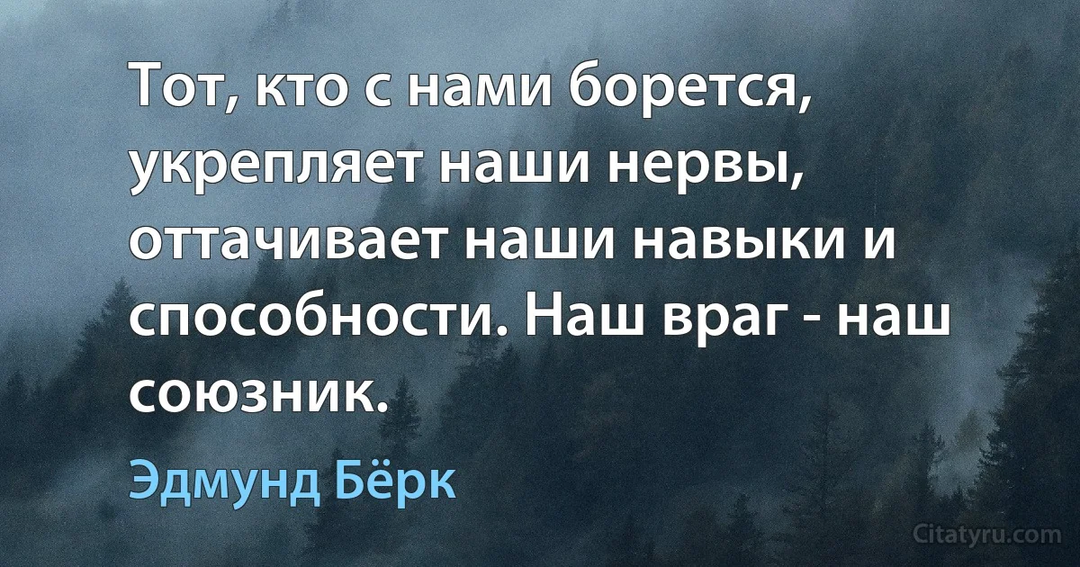 Тот, кто с нами борется, укрепляет наши нервы, оттачивает наши навыки и способности. Наш враг - наш союзник. (Эдмунд Бёрк)