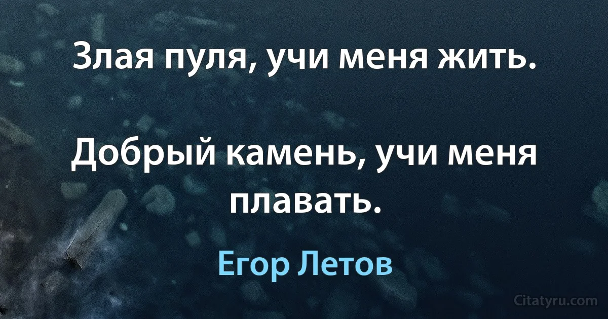 Злая пуля, учи меня жить.

Добрый камень, учи меня плавать. (Егор Летов)