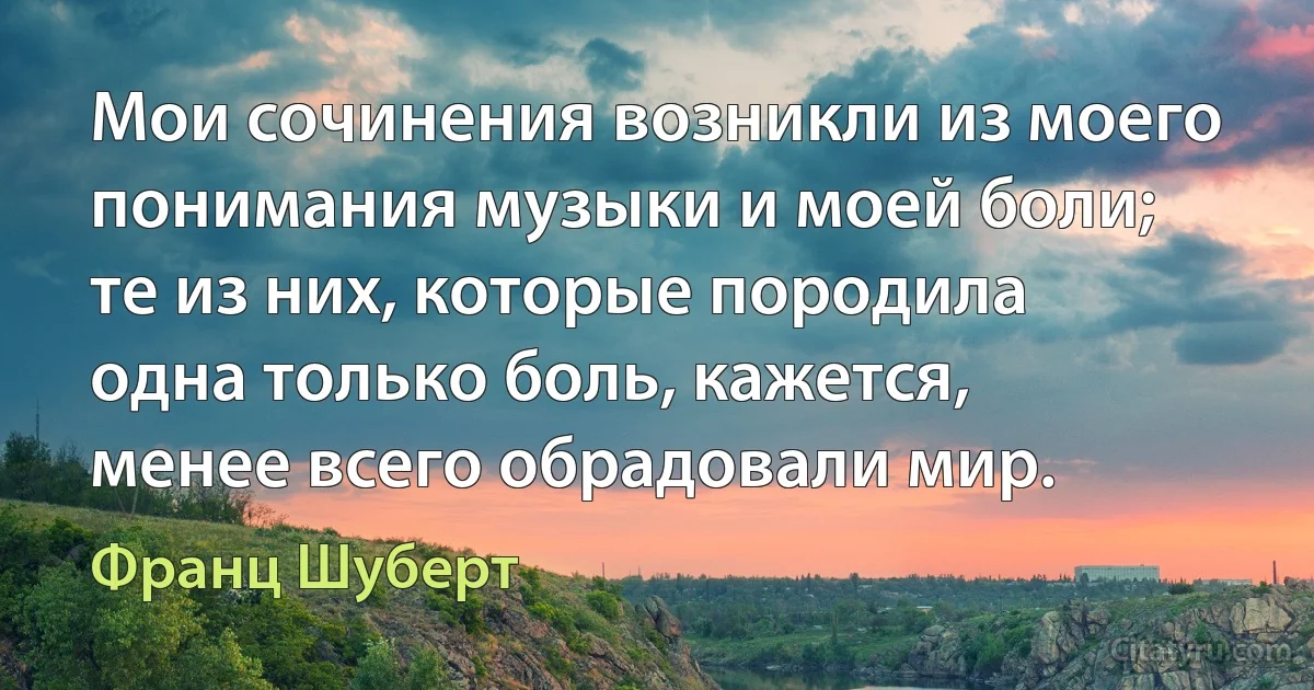 Мои сочинения возникли из моего понимания музыки и моей боли; те из них, которые породила одна только боль, кажется, менее всего обрадовали мир. (Франц Шуберт)