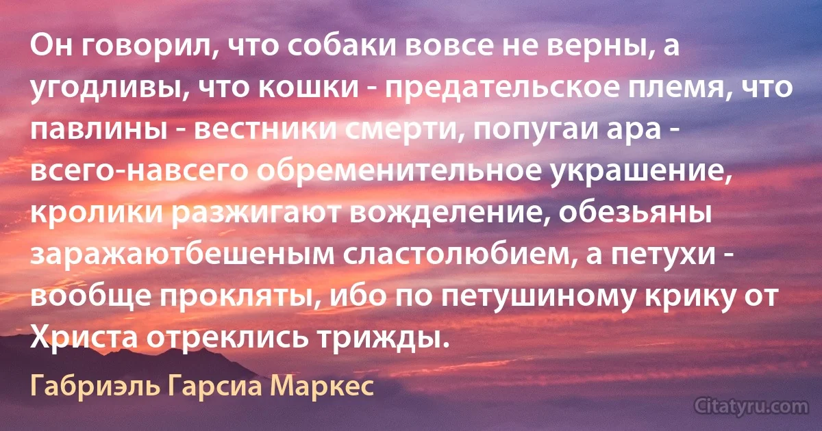 Он говорил, что собаки вовсе не верны, а угодливы, что кошки - предательское племя, что павлины - вестники смерти, попугаи ара - всего-навсего обременительное украшение, кролики разжигают вожделение, обезьяны заражаютбешеным сластолюбием, а петухи - вообще прокляты, ибо по петушиному крику от Христа отреклись трижды. (Габриэль Гарсиа Маркес)