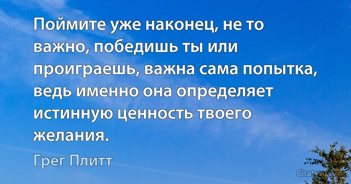 Поймите уже наконец, не то важно, победишь ты или проиграешь, важна сама попытка, ведь именно она определяет истинную ценность твоего желания. (Грег Плитт)