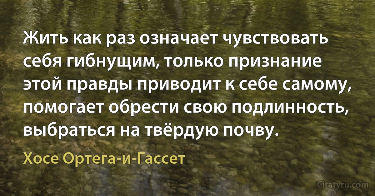 Жить как раз означает чувствовать себя гибнущим, только признание этой правды приводит к себе самому, помогает обрести свою подлинность, выбраться на твёрдую почву. (Хосе Ортега-и-Гассет)