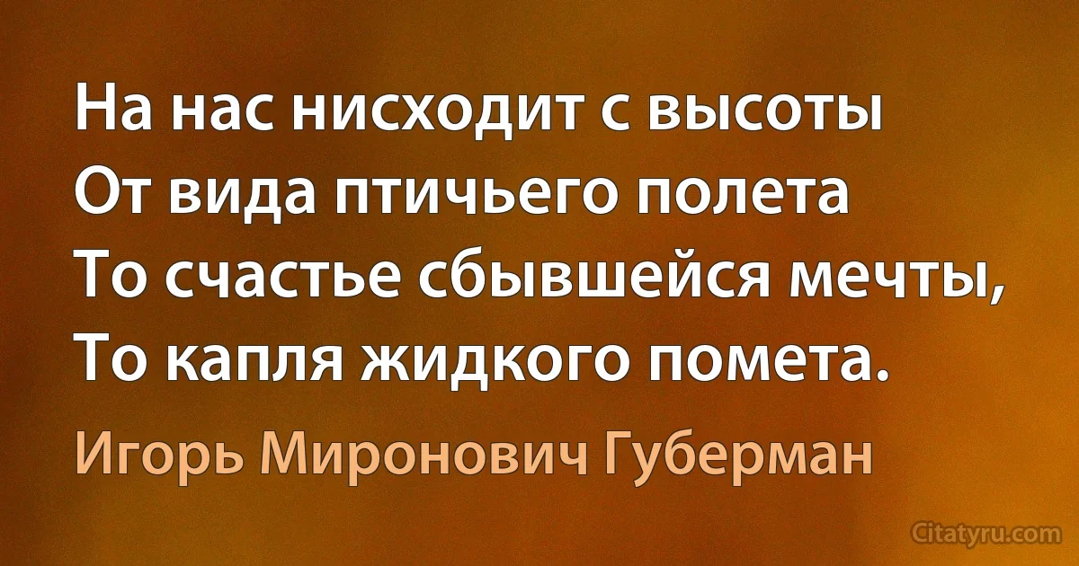 На нас нисходит с высоты
От вида птичьего полета
То счастье сбывшейся мечты,
То капля жидкого помета. (Игорь Миронович Губерман)