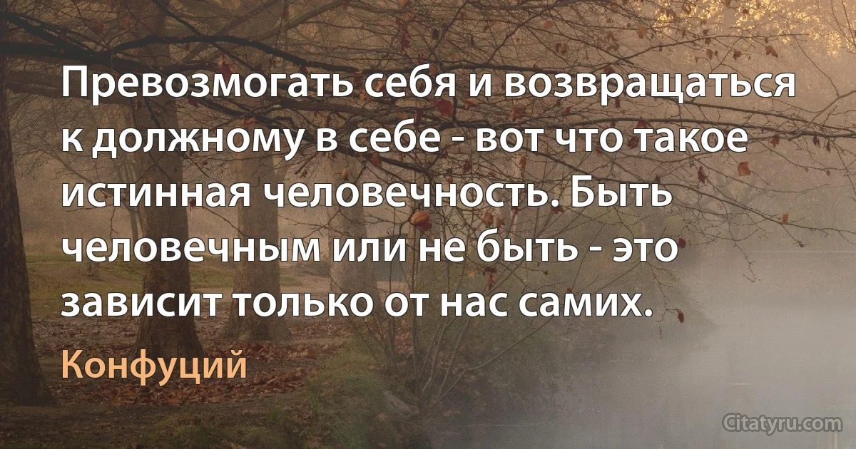 Превозмогать себя и возвращаться к должному в себе - вот что такое истинная человечность. Быть человечным или не быть - это зависит только от нас самих. (Конфуций)