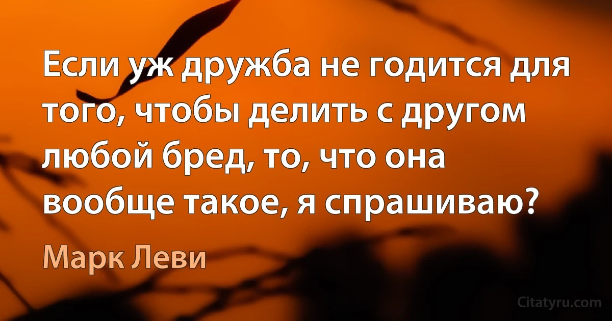 Если уж дружба не годится для того, чтобы делить с другом любой бред, то, что она вообще такое, я спрашиваю? (Марк Леви)