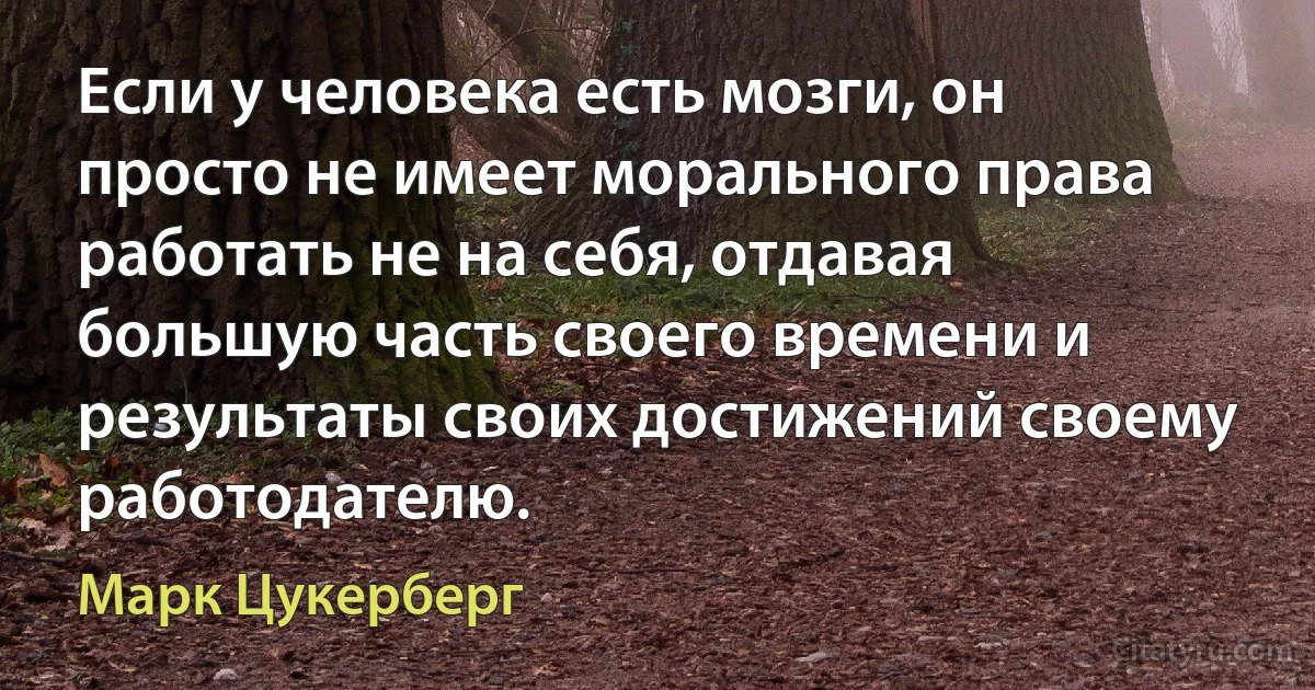 Если у человека есть мозги, он просто не имеет морального права работать не на себя, отдавая большую часть своего времени и результаты своих достижений своему работодателю. (Марк Цукерберг)