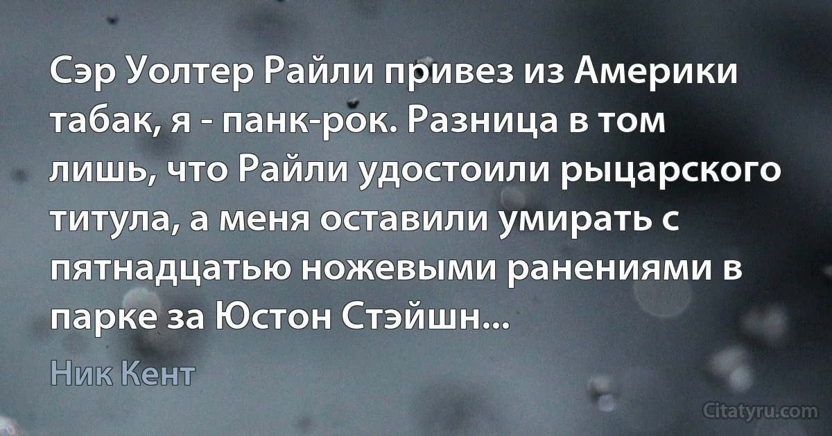 Сэр Уолтер Райли привез из Америки табак, я - панк-рок. Разница в том лишь, что Райли удостоили рыцарского титула, а меня оставили умирать с пятнадцатью ножевыми ранениями в парке за Юстон Стэйшн... (Ник Кент)