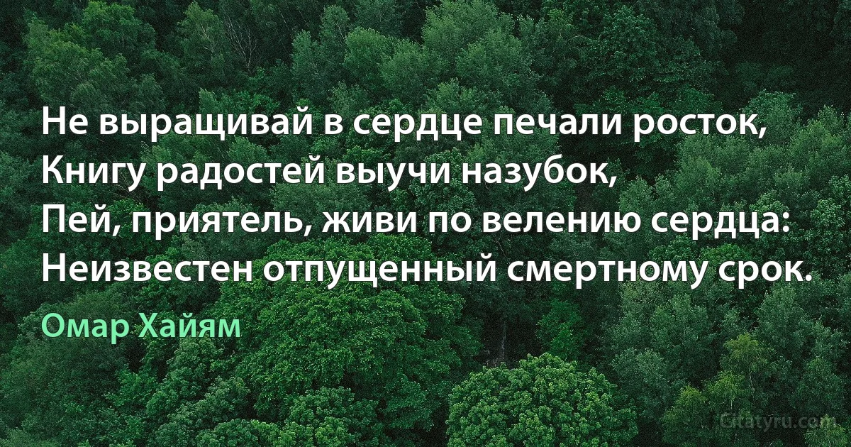 Не выращивай в сердце печали росток,
Книгу радостей выучи назубок,
Пей, приятель, живи по велению сердца:
Неизвестен отпущенный смертному срок. (Омар Хайям)