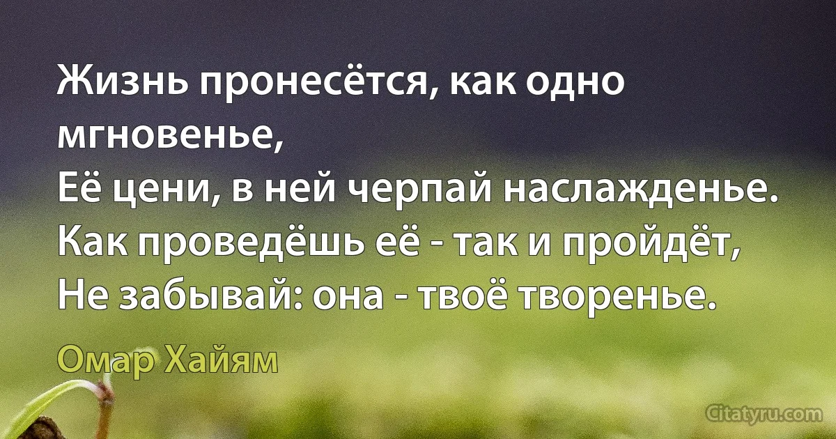 Жизнь пронесётся, как одно мгновенье,
Её цени, в ней черпай наслажденье.
Как проведёшь её - так и пройдёт,
Не забывай: она - твоё творенье. (Омар Хайям)