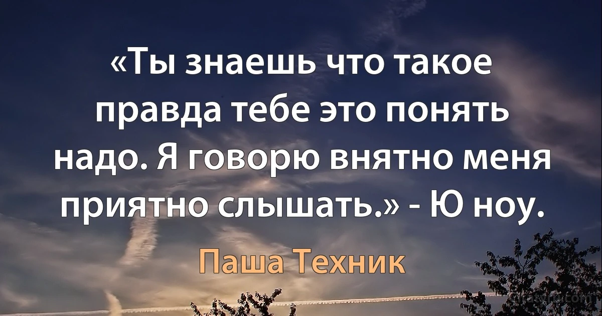 «Ты знаешь что такое правда тебе это понять надо. Я говорю внятно меня приятно слышать.» - Ю ноу. (Паша Техник)