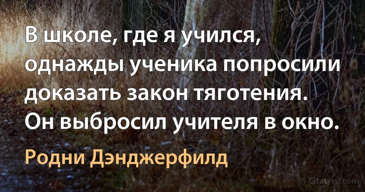 В школе, где я учился, однажды ученика попросили доказать закон тяготения. Он выбросил учителя в окно. (Родни Дэнджерфилд)