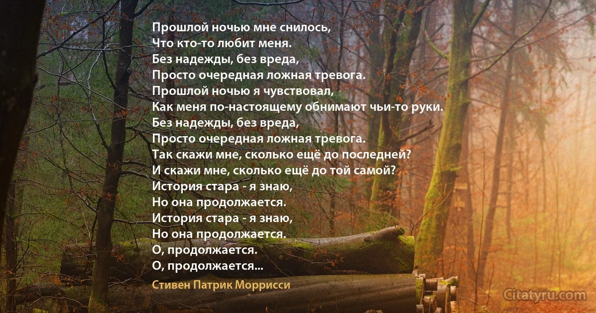 Прошлой ночью мне снилось,
Что кто-то любит меня.
Без надежды, без вреда,
Просто очередная ложная тревога.
Прошлой ночью я чувствовал,
Как меня по-настоящему обнимают чьи-то руки.
Без надежды, без вреда,
Просто очередная ложная тревога.
Так скажи мне, сколько ещё до последней?
И скажи мне, сколько ещё до той самой?
История стара - я знаю,
Но она продолжается.
История стара - я знаю,
Но она продолжается.
О, продолжается.
О, продолжается... (Стивен Патрик Моррисси)