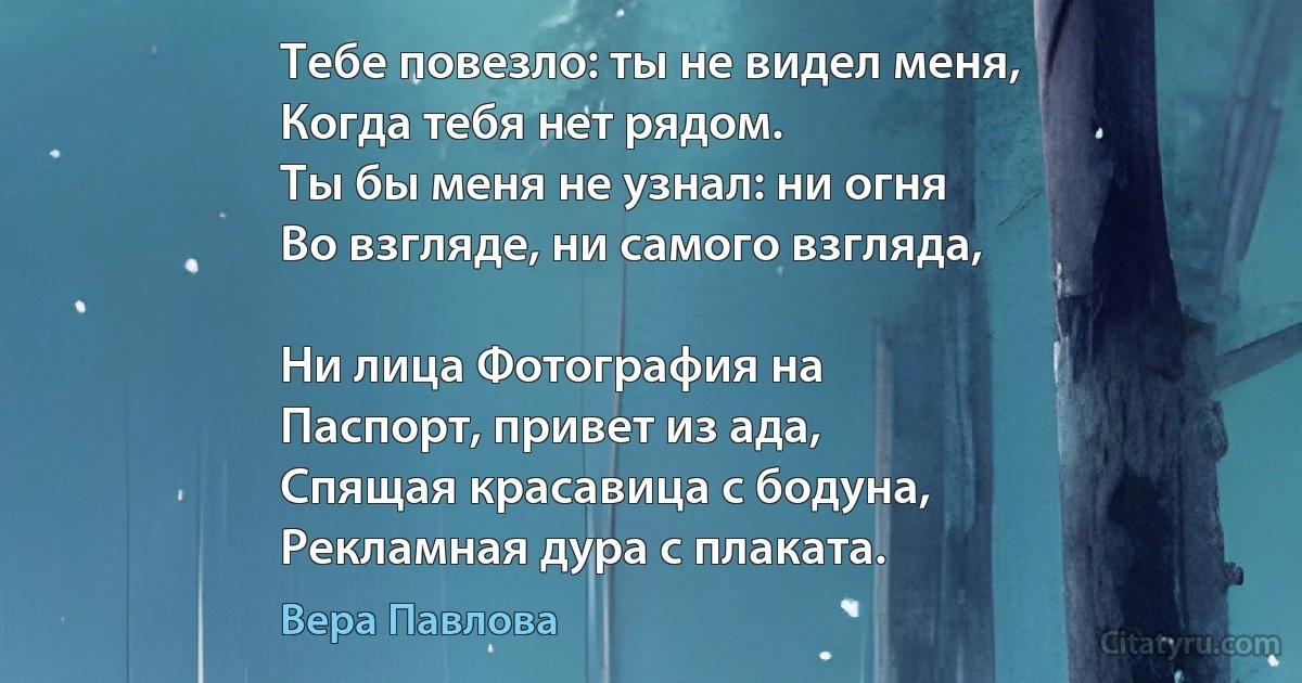 Тебе повезло: ты не видел меня,
Когда тебя нет рядом.
Ты бы меня не узнал: ни огня
Во взгляде, ни самого взгляда,

Ни лица Фотография на
Паспорт, привет из ада,
Спящая красавица с бодуна,
Рекламная дура с плаката. (Вера Павлова)