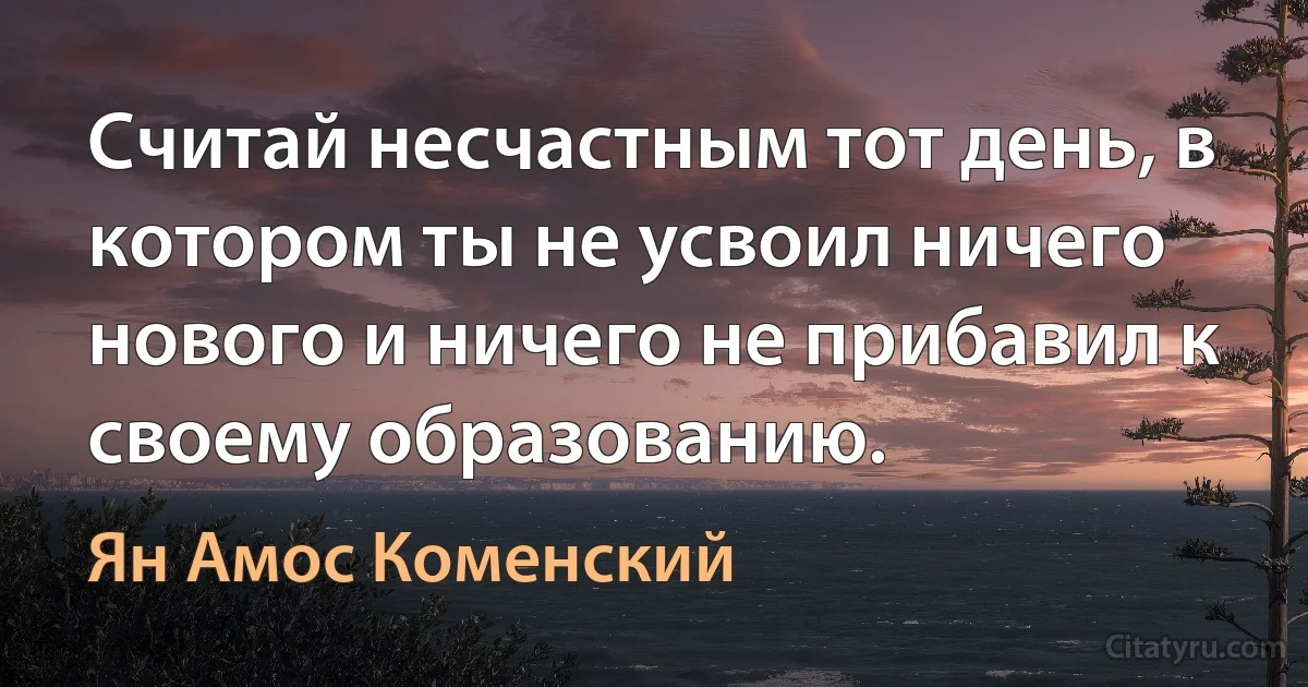 Считай несчастным тот день, в котором ты не усвоил ничего нового и ничего не прибавил к своему образованию. (Ян Амос Коменский)