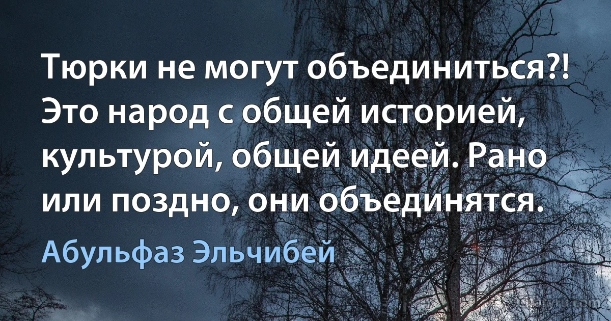 Тюрки не могут объединиться?! Это народ с общей историей, культурой, общей идеей. Рано или поздно, они объединятся. (Абульфаз Эльчибей)