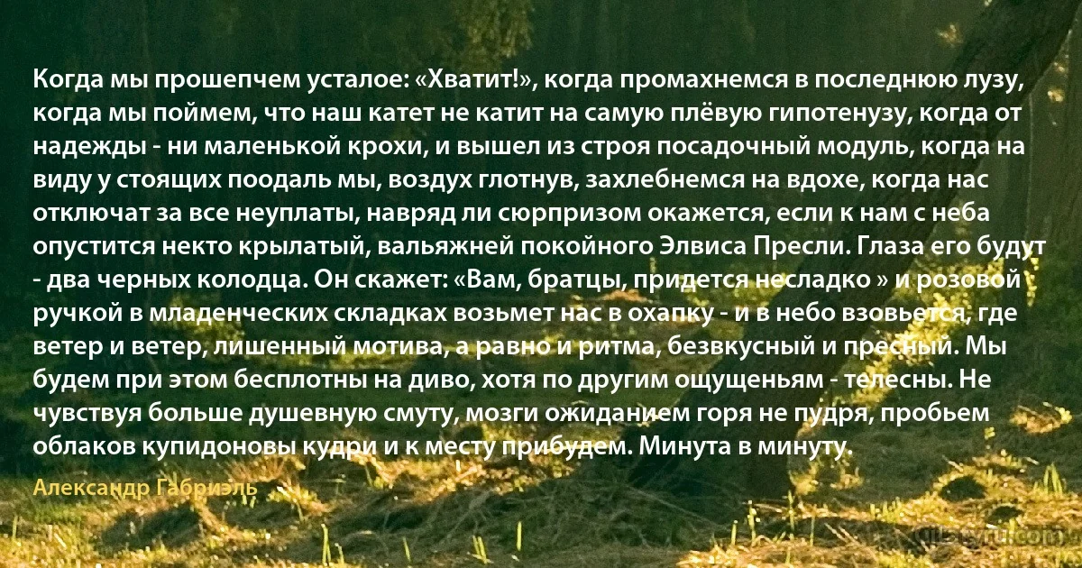 Когда мы прошепчем усталое: «Хватит!», когда промахнемся в последнюю лузу, когда мы поймем, что наш катет не катит на самую плёвую гипотенузу, когда от надежды - ни маленькой крохи, и вышел из строя посадочный модуль, когда на виду у стоящих поодаль мы, воздух глотнув, захлебнемся на вдохе, когда нас отключат за все неуплаты, навряд ли сюрпризом окажется, если к нам с неба опустится некто крылатый, вальяжней покойного Элвиса Пресли. Глаза его будут - два черных колодца. Он скажет: «Вам, братцы, придется несладко » и розовой ручкой в младенческих складках возьмет нас в охапку - и в небо взовьется, где ветер и ветер, лишенный мотива, а равно и ритма, безвкусный и пресный. Мы будем при этом бесплотны на диво, хотя по другим ощущеньям - телесны. Не чувствуя больше душевную смуту, мозги ожиданием горя не пудря, пробьем облаков купидоновы кудри и к месту прибудем. Минута в минуту. (Александр Габриэль)