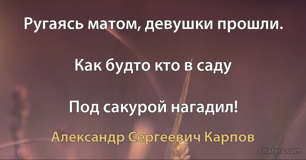 Ругаясь матом, девушки прошли.

Как будто кто в саду

Под сакурой нагадил! (Александр Сергеевич Карпов)