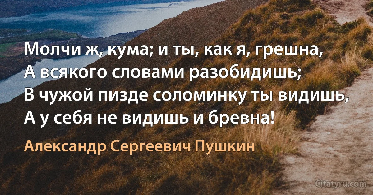 Молчи ж, кума; и ты, как я, грешна,
А всякого словами разобидишь;
В чужой пизде соломинку ты видишь,
А у себя не видишь и бревна! (Александр Сергеевич Пушкин)