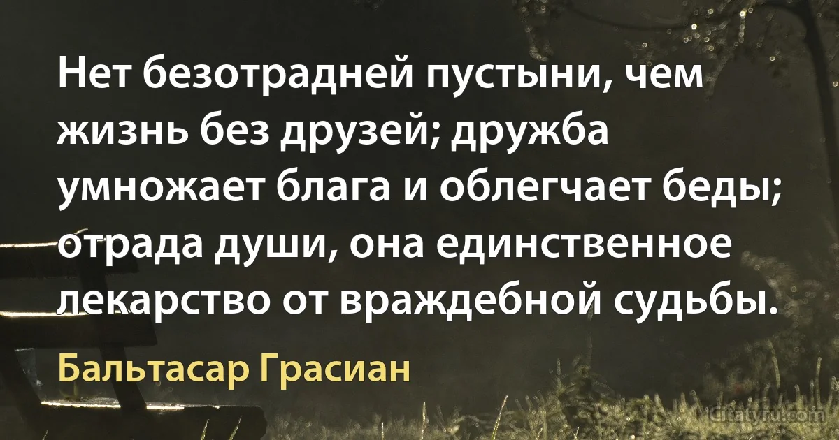 Нет безотрадней пустыни, чем жизнь без друзей; дружба умножает блага и облегчает беды; отрада души, она единственное лекарство от враждебной судьбы. (Бальтасар Грасиан)