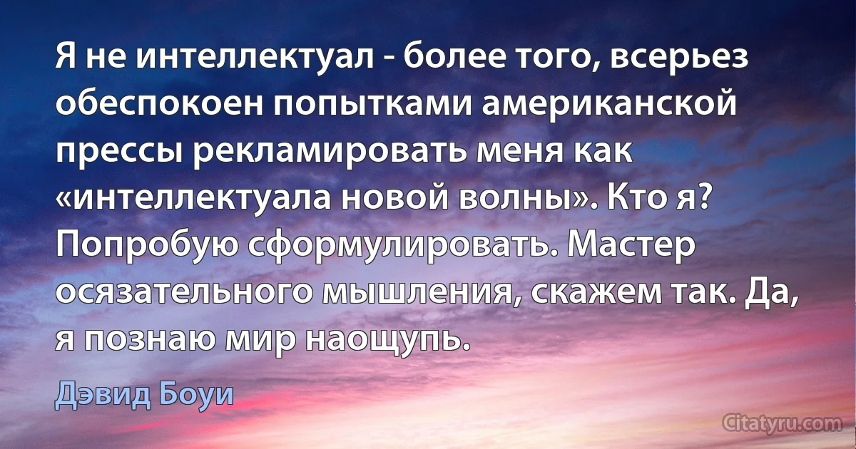 Я не интеллектуал - более того, всерьез обеспокоен попытками американской прессы рекламировать меня как «интеллектуала новой волны». Кто я? Попробую сформулировать. Мастер осязательного мышления, скажем так. Да, я познаю мир наощупь. (Дэвид Боуи)