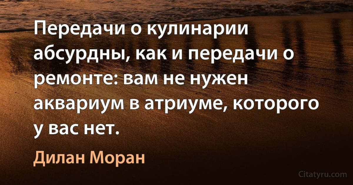 Передачи о кулинарии абсурдны, как и передачи о ремонте: вам не нужен аквариум в атриуме, которого у вас нет. (Дилан Моран)