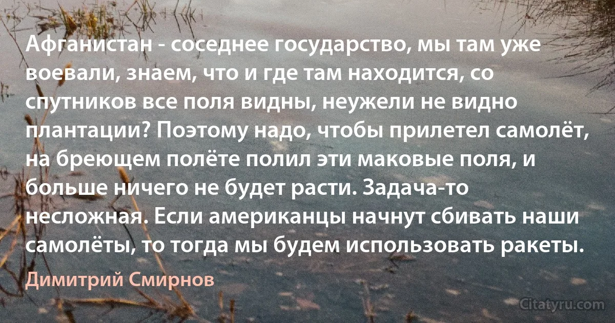 Афганистан - соседнее государство, мы там уже воевали, знаем, что и где там находится, со спутников все поля видны, неужели не видно плантации? Поэтому надо, чтобы прилетел самолёт, на бреющем полёте полил эти маковые поля, и больше ничего не будет расти. Задача-то несложная. Если американцы начнут сбивать наши самолёты, то тогда мы будем использовать ракеты. (Димитрий Смирнов)