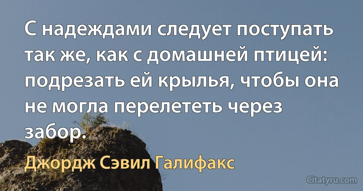 С надеждами следует поступать так же, как с домашней птицей: подрезать ей крылья, чтобы она не могла перелететь через забор. (Джордж Сэвил Галифакс)