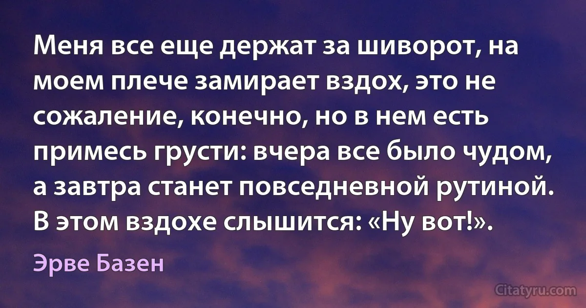 Меня все еще держат за шиворот, на моем плече замирает вздох, это не сожаление, конечно, но в нем есть примесь грусти: вчера все было чудом, а завтра станет повседневной рутиной. В этом вздохе слышится: «Ну вот!». (Эрве Базен)