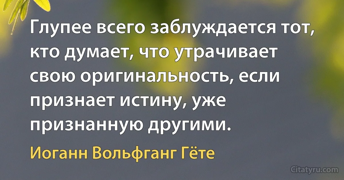 Глупее всего заблуждается тот, кто думает, что утрачивает свою оригинальность, если признает истину, уже признанную другими. (Иоганн Вольфганг Гёте)