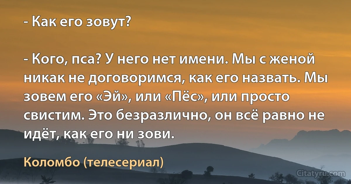 - Как его зовут?

- Кого, пса? У него нет имени. Мы с женой никак не договоримся, как его назвать. Мы зовем его «Эй», или «Пёс», или просто свистим. Это безразлично, он всё равно не идёт, как его ни зови. (Коломбо (телесериал))