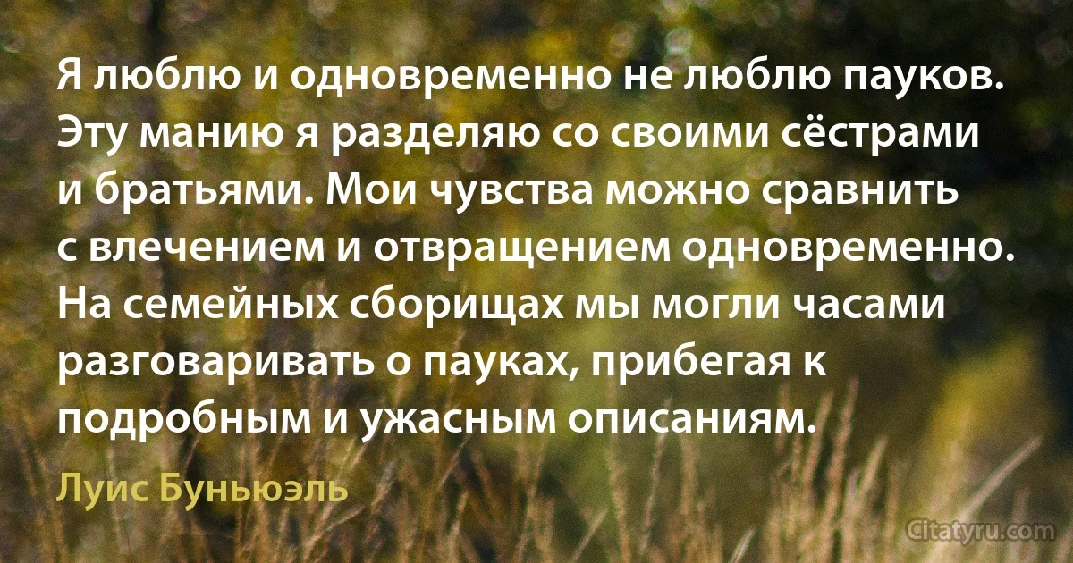 Я люблю и одновременно не люблю пауков. Эту манию я разделяю со своими сёстрами и братьями. Мои чувства можно сравнить с влечением и отвращением одновременно. На семейных сборищах мы могли часами разговаривать о пауках, прибегая к подробным и ужасным описаниям. (Луис Буньюэль)