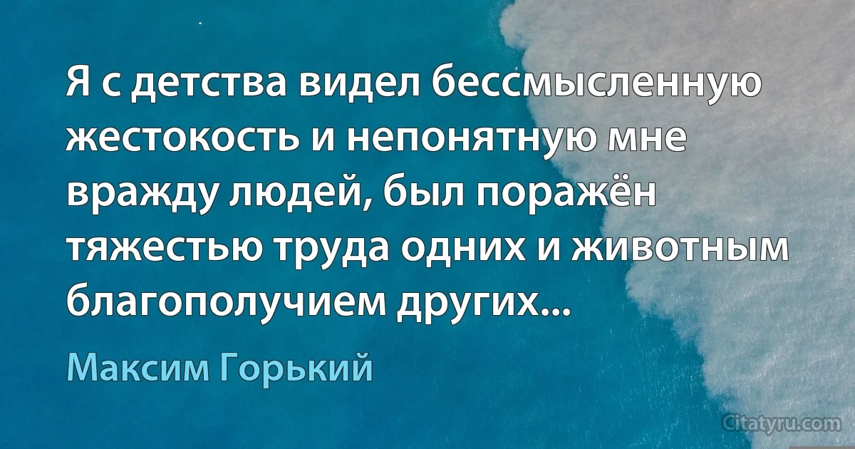 Я с детства видел бессмысленную жестокость и непонятную мне вражду людей, был поражён тяжестью труда одних и животным благополучием других... (Максим Горький)