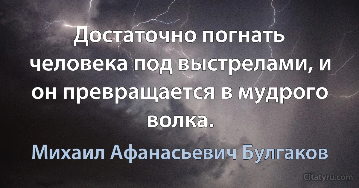 Достаточно погнать человека под выстрелами, и он превращается в мудрого волка. (Михаил Афанасьевич Булгаков)