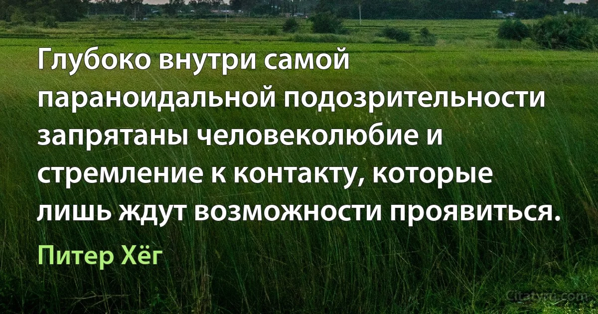 Глубоко внутри самой параноидальной подозрительности запрятаны человеколюбие и стремление к контакту, которые лишь ждут возможности проявиться. (Питер Хёг)