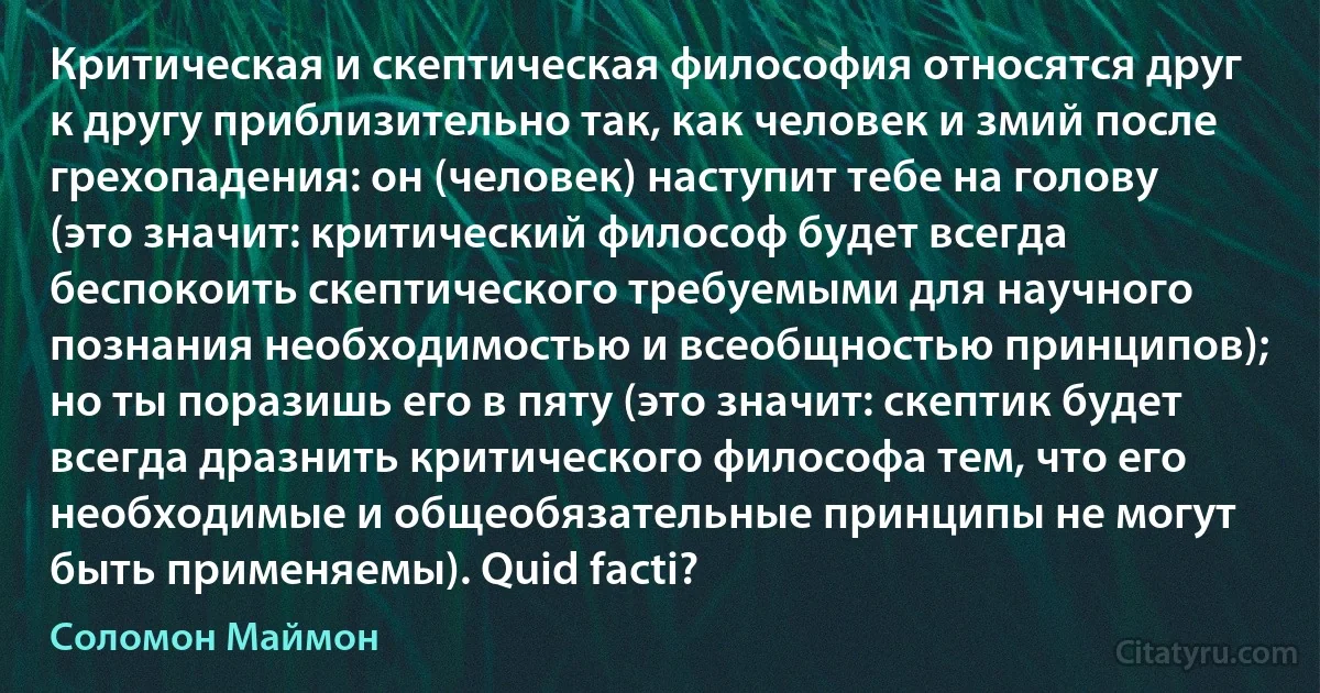 Критическая и скептическая философия относятся друг к другу приблизительно так, как человек и змий после грехопадения: он (человек) наступит тебе на голову (это значит: критический философ будет всегда беспокоить скептического требуемыми для научного познания необходимостью и всеобщностью принципов); но ты поразишь его в пяту (это значит: скептик будет всегда дразнить критического философа тем, что его необходимые и общеобязательные принципы не могут быть применяемы). Quid facti? (Соломон Маймон)