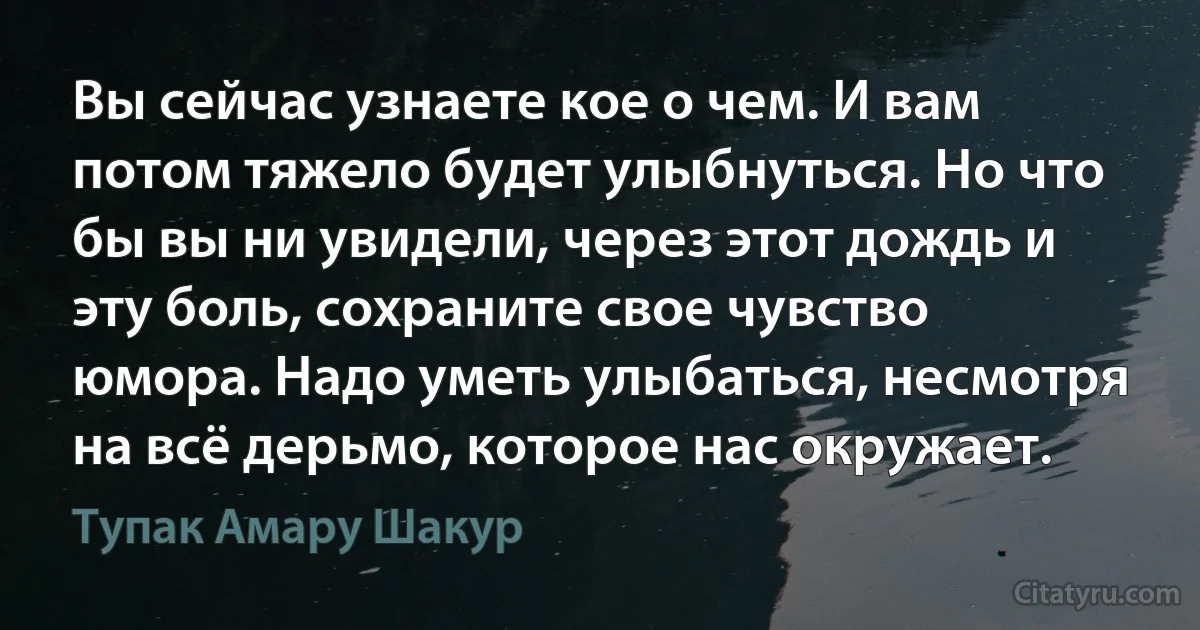 Вы сейчас узнаете кое о чем. И вам потом тяжело будет улыбнуться. Но что бы вы ни увидели, через этот дождь и эту боль, сохраните свое чувство юмора. Надо уметь улыбаться, несмотря на всё дерьмо, которое нас окружает. (Тупак Амару Шакур)