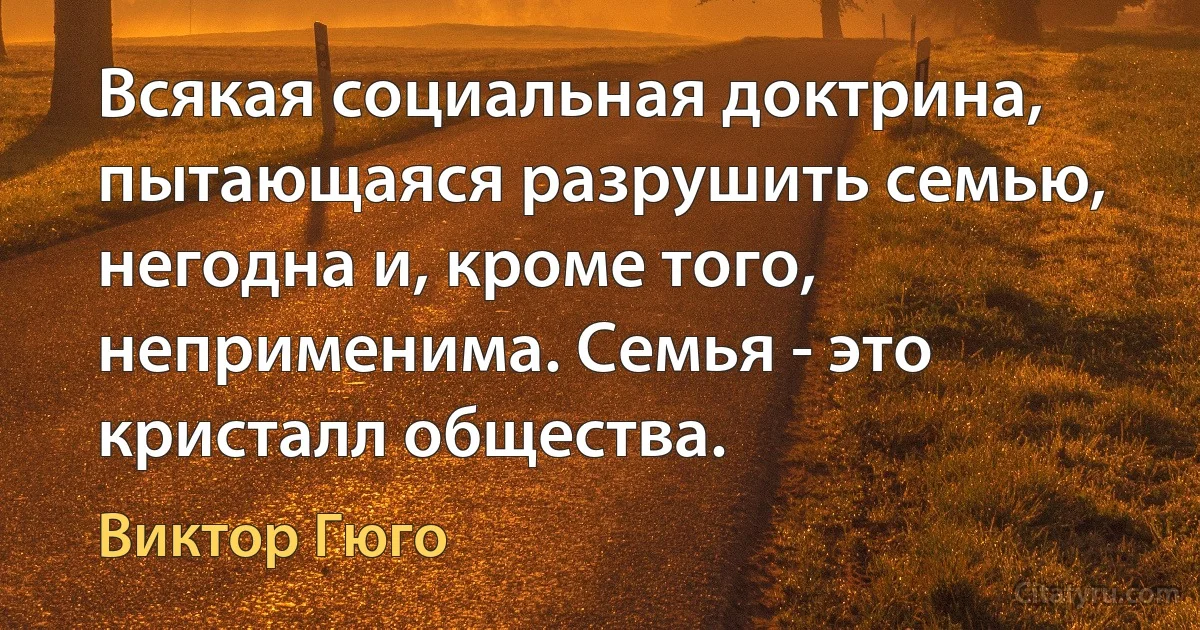 Всякая социальная доктрина, пытающаяся разрушить семью, негодна и, кроме того, неприменима. Семья - это кристалл общества. (Виктор Гюго)