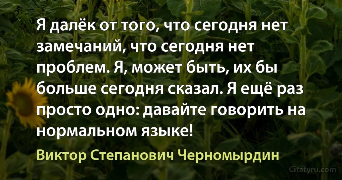 Я далёк от того, что сегодня нет замечаний, что сегодня нет проблем. Я, может быть, их бы больше сегодня сказал. Я ещё раз просто одно: давайте говорить на нормальном языке! (Виктор Степанович Черномырдин)