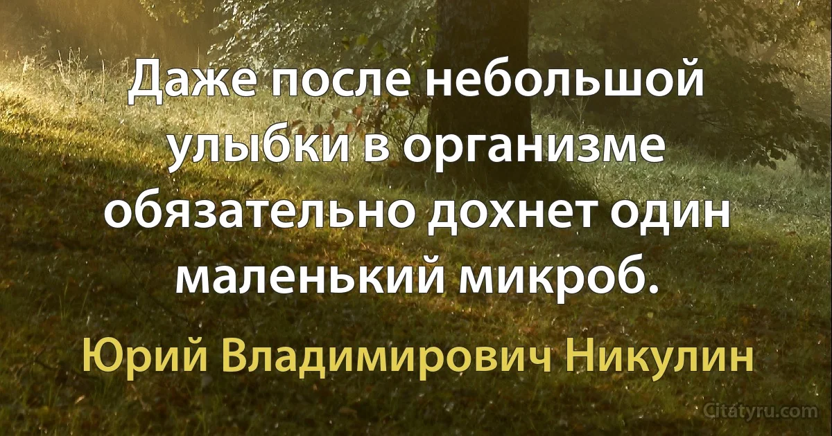 Даже после небольшой улыбки в организме обязательно дохнет один маленький микроб. (Юрий Владимирович Никулин)