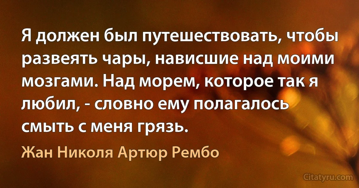 Я должен был путешествовать, чтобы развеять чары, нависшие над моими мозгами. Над морем, которое так я любил, - словно ему полагалось смыть с меня грязь. (Жан Николя Артюр Рембо)