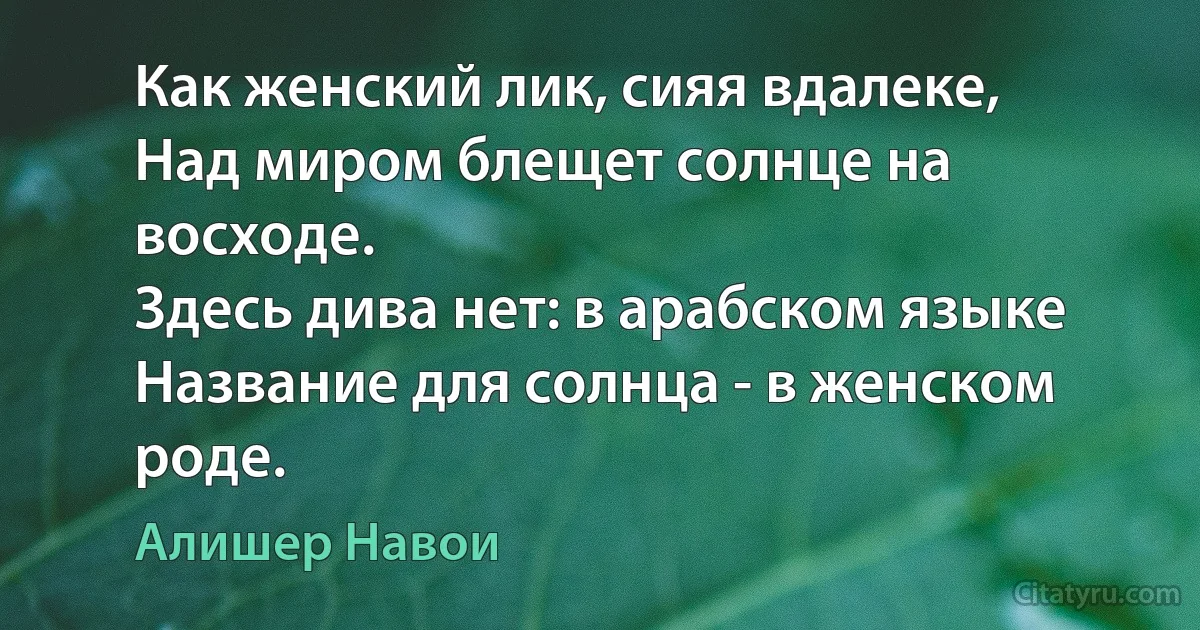 Как женский лик, сияя вдалеке,
Над миром блещет солнце на восходе.
Здесь дива нет: в арабском языке
Название для солнца - в женском роде. (Алишер Навои)