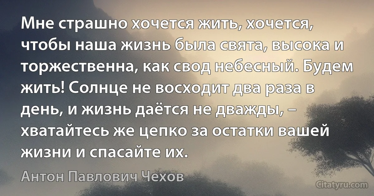 Мне страшно хочется жить, хочется, чтобы наша жизнь была свята, высока и торжественна, как свод небесный. Будем жить! Солнце не восходит два раза в день, и жизнь даётся не дважды, – хватайтесь же цепко за остатки вашей жизни и спасайте их. (Антон Павлович Чехов)