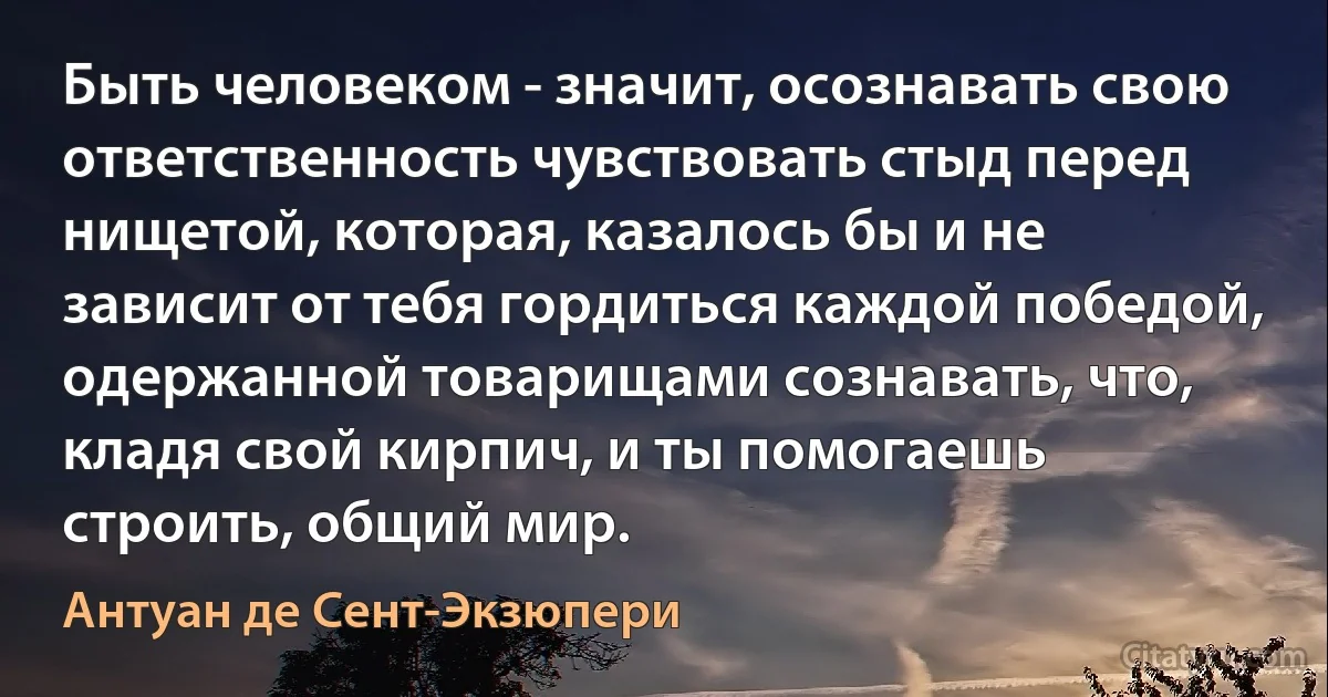 Быть человеком - значит, осознавать свою ответственность чувствовать стыд перед нищетой, которая, казалось бы и не зависит от тебя гордиться каждой победой, одержанной товарищами сознавать, что, кладя свой кирпич, и ты помогаешь строить, общий мир. (Антуан де Сент-Экзюпери)