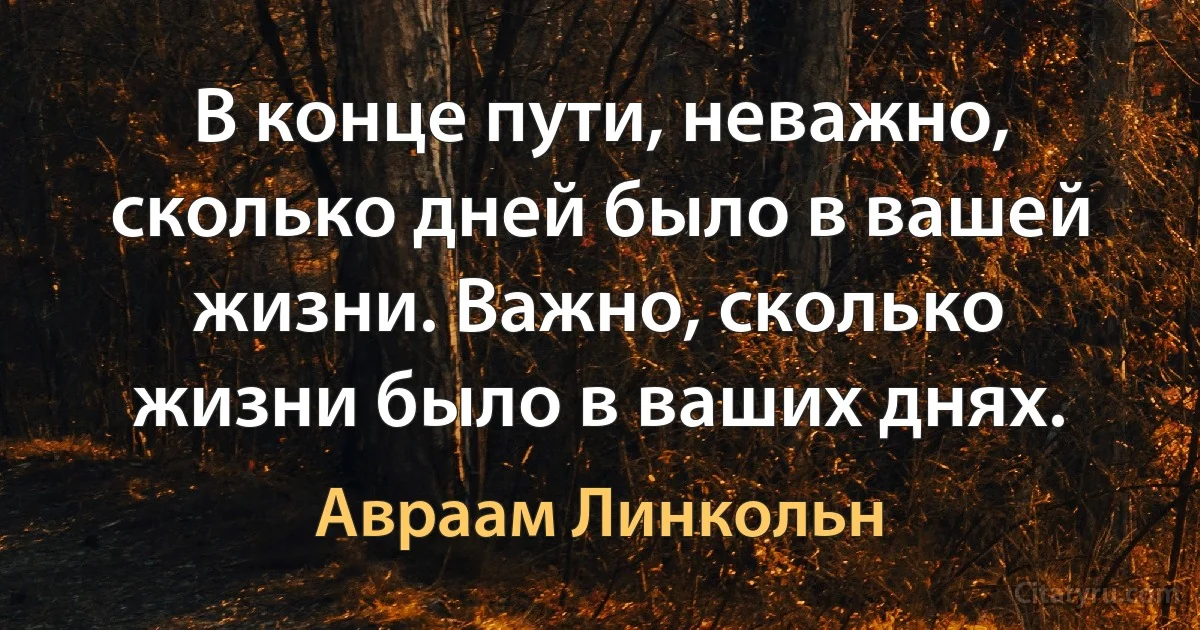 В конце пути, неважно, сколько дней было в вашей жизни. Важно, сколько жизни было в ваших днях. (Авраам Линкольн)