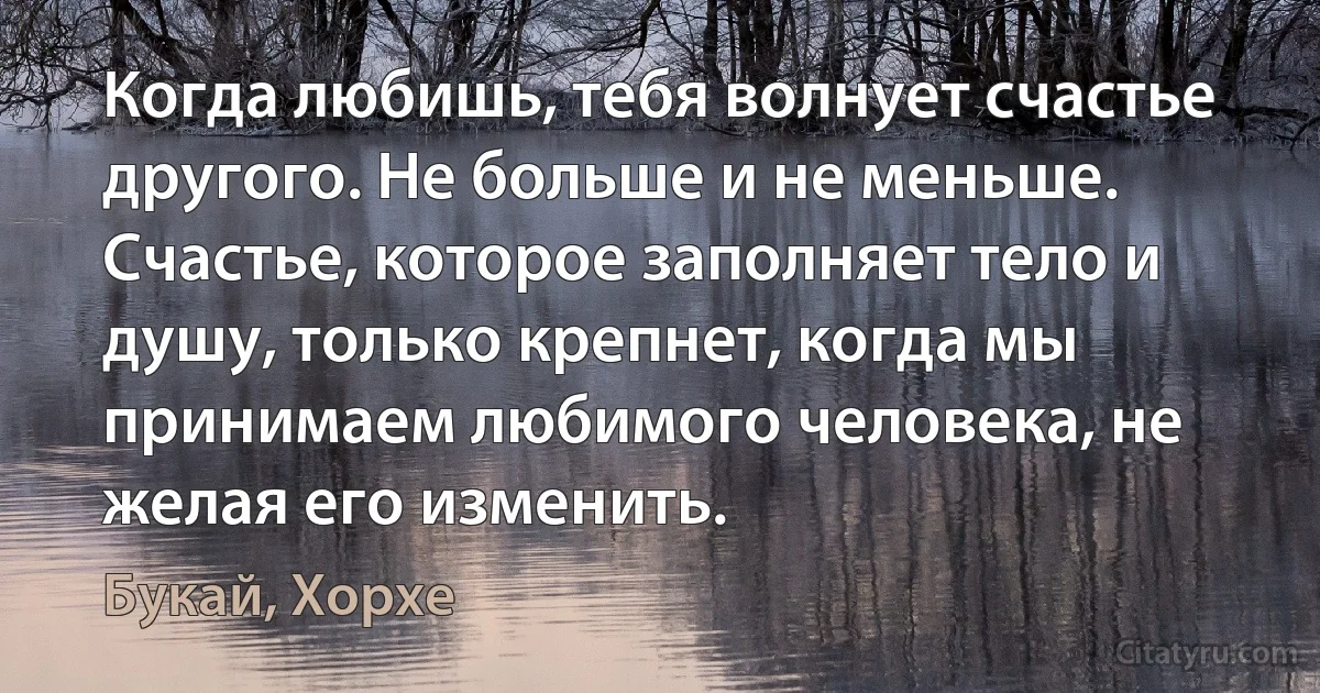 Когда любишь, тебя волнует счастье другого. Не больше и не меньше. Счастье, которое заполняет тело и душу, только крепнет, когда мы принимаем любимого человека, не желая его изменить. (Букай, Хорхе)