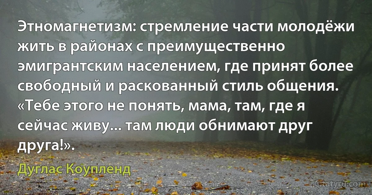 Этномагнетизм: стремление части молодёжи жить в районах с преимущественно эмигрантским населением, где принят более свободный и раскованный стиль общения. «Тебе этого не понять, мама, там, где я сейчас живу... там люди обнимают друг друга!». (Дуглас Коупленд)