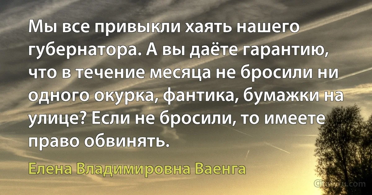 Мы все привыкли хаять нашего губернатора. А вы даёте гарантию, что в течение месяца не бросили ни одного окурка, фантика, бумажки на улице? Если не бросили, то имеете право обвинять. (Елена Владимировна Ваенга)