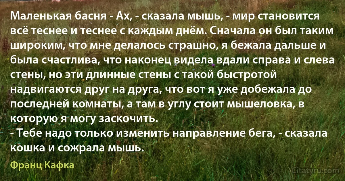 Маленькая басня - Ах, - сказала мышь, - мир становится всё теснее и теснее с каждым днём. Сначала он был таким широким, что мне делалось страшно, я бежала дальше и была счастлива, что наконец видела вдали справа и слева стены, но эти длинные стены с такой быстротой надвигаются друг на друга, что вот я уже добежала до последней комнаты, а там в углу стоит мышеловка, в которую я могу заскочить.
- Тебе надо только изменить направление бега, - сказала кошка и сожрала мышь. (Франц Кафка)